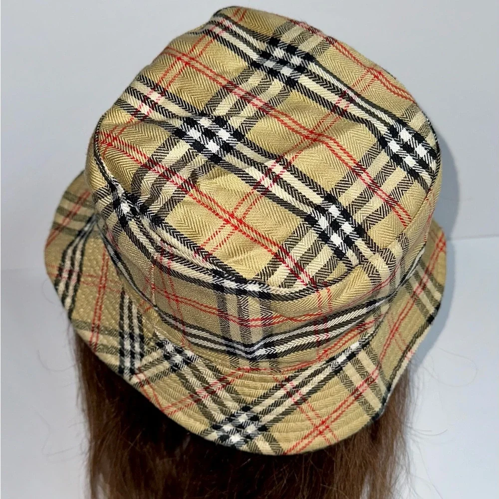 Burberry Beige Plaid Bucket Hat with Black & Red Accents